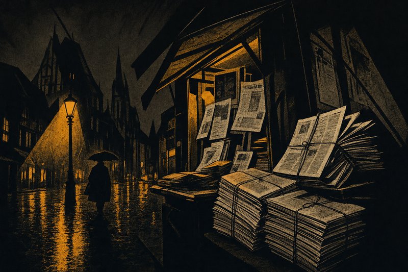 Zeitungskiosk bei Nacht – Krimi-Neuerscheinungen und Nachrichten