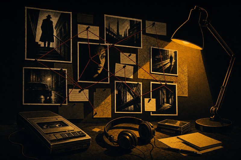 Ermittlungs-Pinnwand mit Fotos und Fäden – True Crime